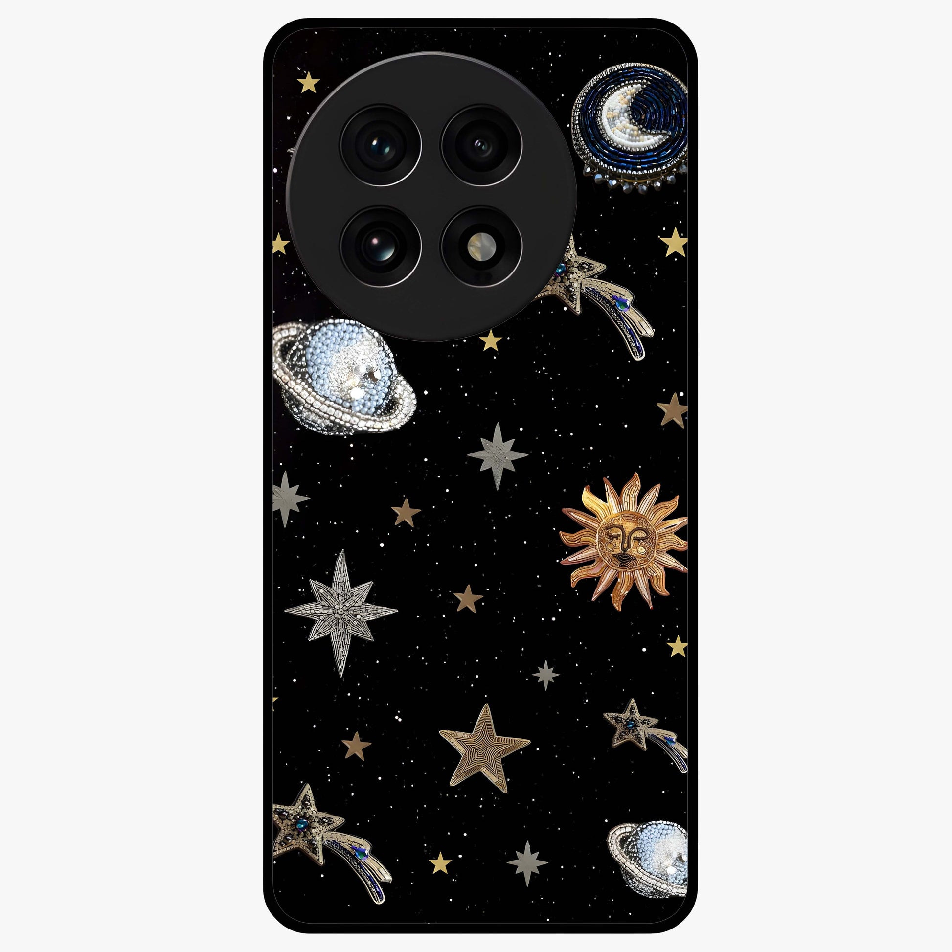 Stars and Planets Brooches Glass Case for 1+13R elegant front view featuring celestial jewelry inspired artwork