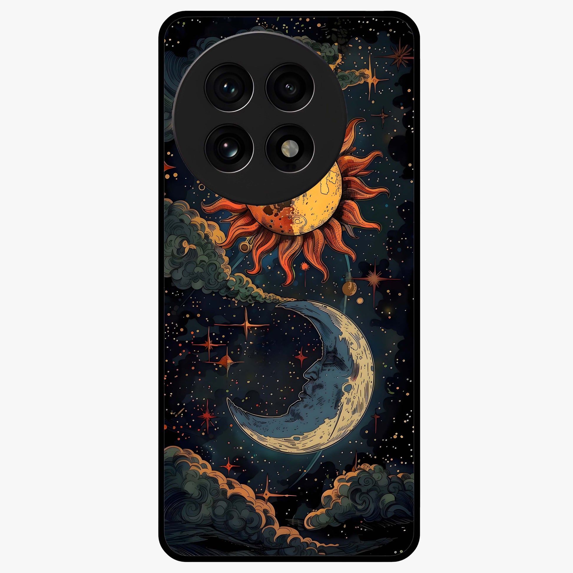 Sun and Moonflowers Glass Case for 1+13R vibrant front view featuring floral artwork blended with sun and moon elements