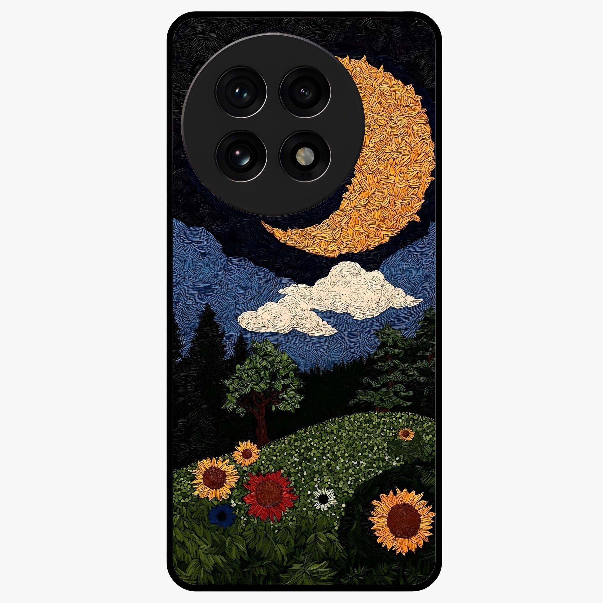 Sun and Moon Magic Design Glass Case for 1+13R artistic front view featuring symbolic sun and moon artwork