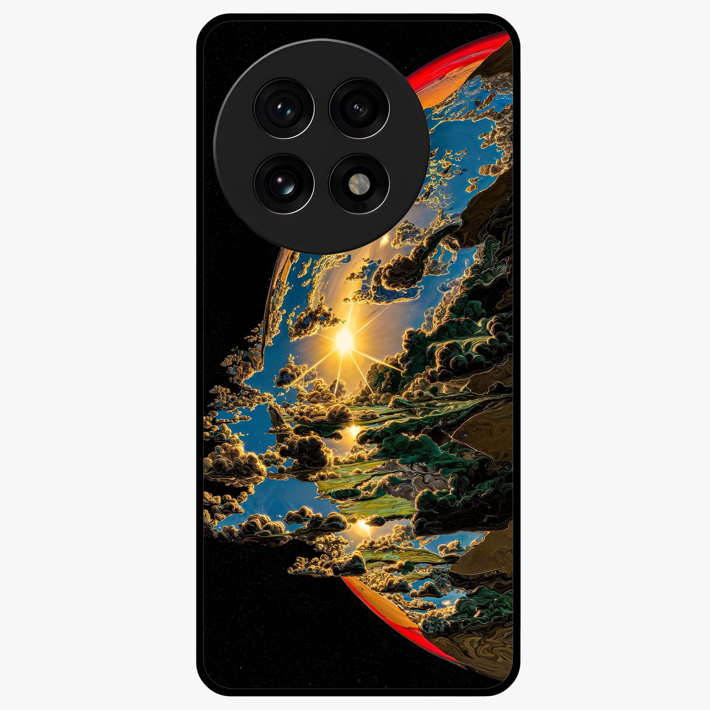 Sunrise Bursting Glass Case for 1+13R radiant front view featuring vibrant sunrise inspired artwork