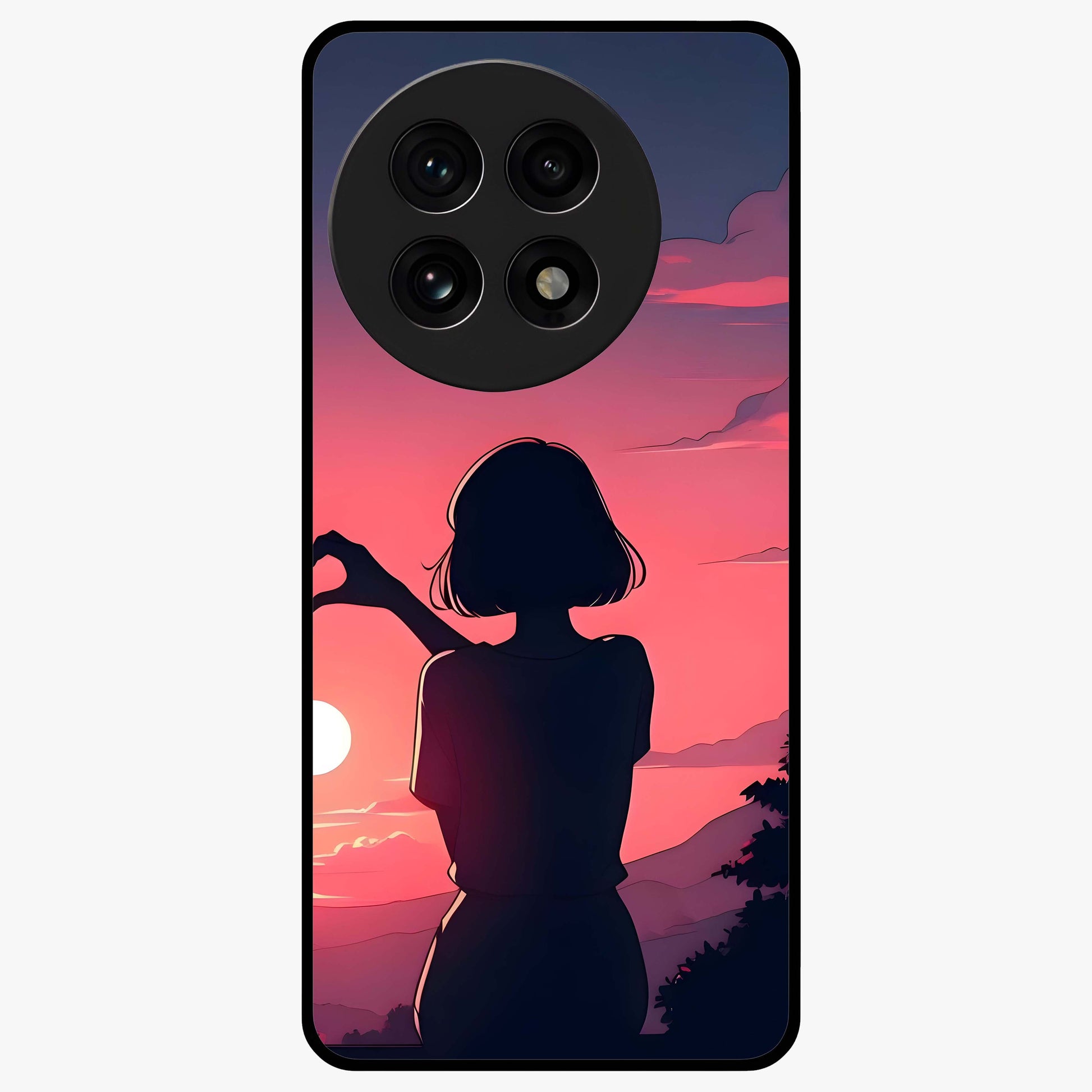 Sunset Silhouette Boy Glass Case for 1+13R artistic front view featuring boy silhouette against warm sunset backdrop