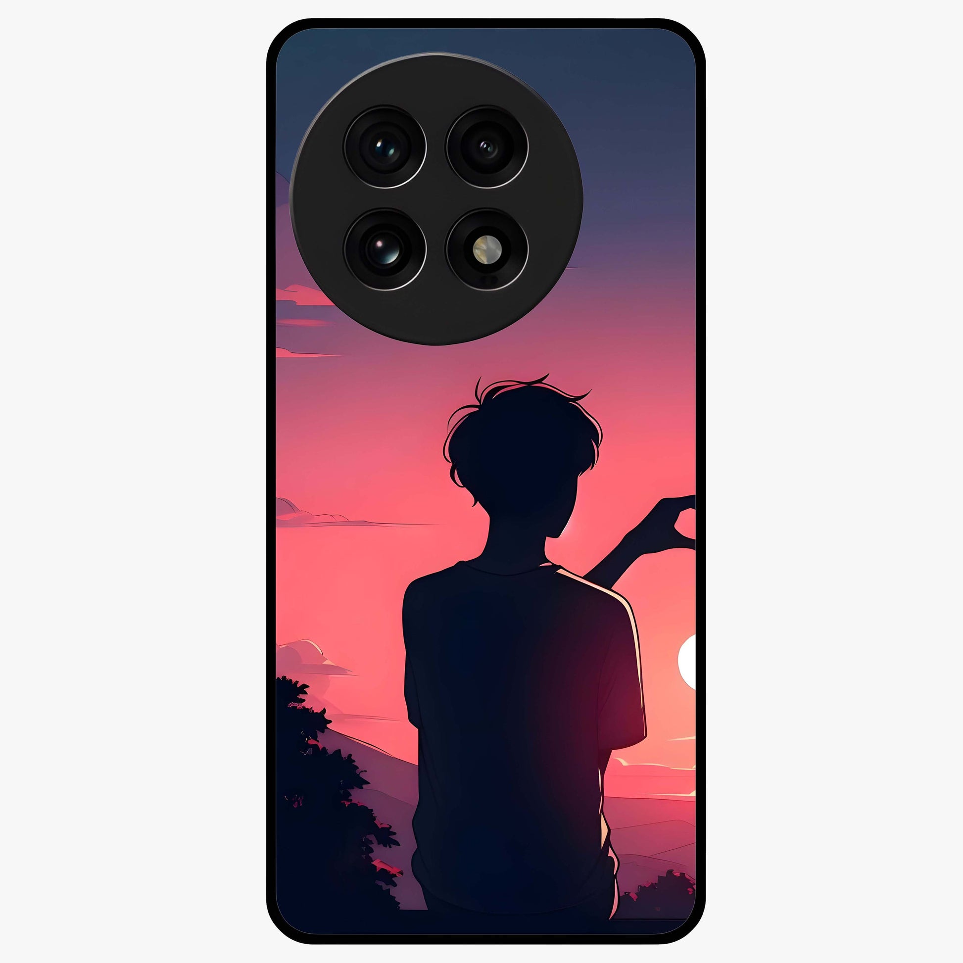 Sunset Silhouette Girl Glass Case for 1+13R aesthetic front view featuring girl silhouette under glowing sunset sky