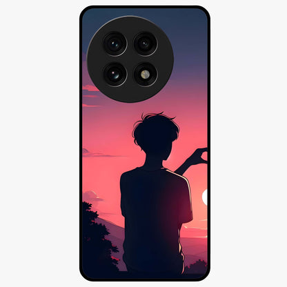 Sunset Silhouette Girl Glass Case for 1+13R aesthetic front view featuring girl silhouette under glowing sunset sky