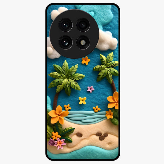 Tropical Felt Escape Glass Case for 1+13R refreshing front view featuring tropical inspired artistic artwork