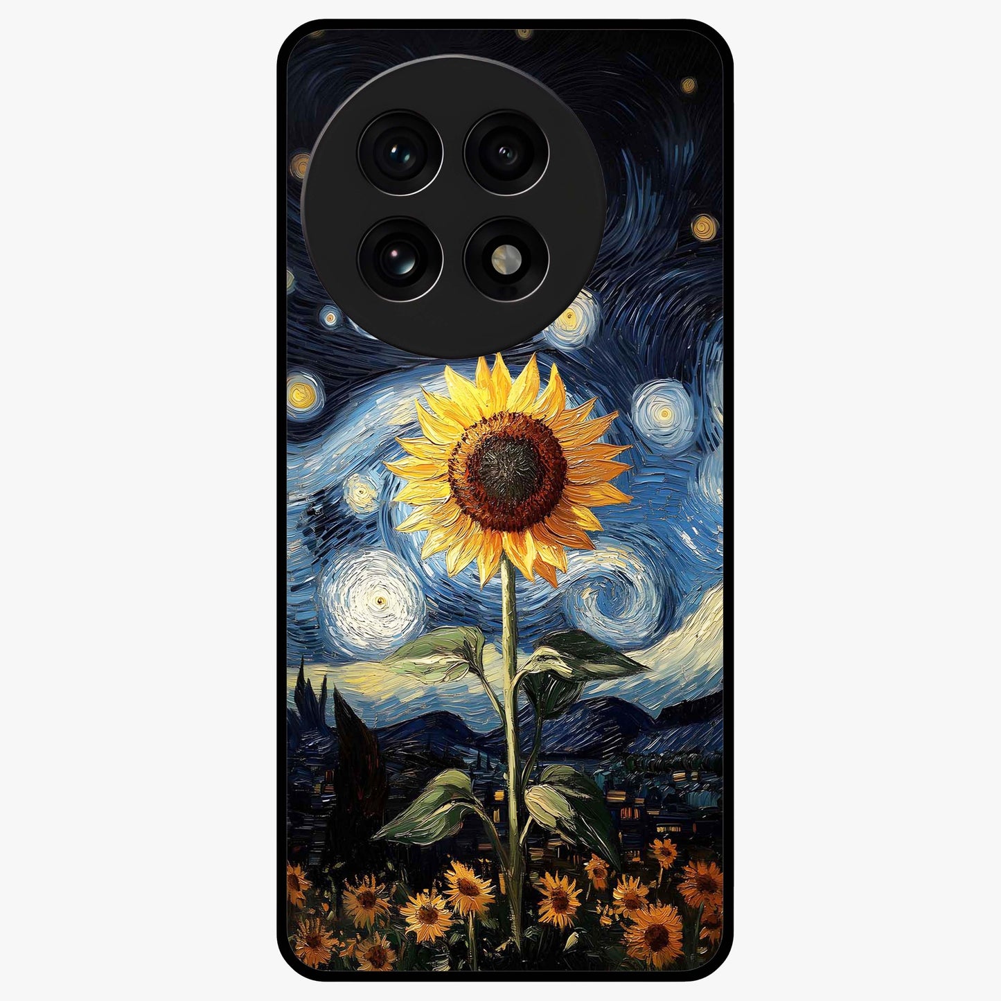 Van Gogh Sunflower Glass Case for 1+13R vibrant front view featuring sunflower artwork in painterly style