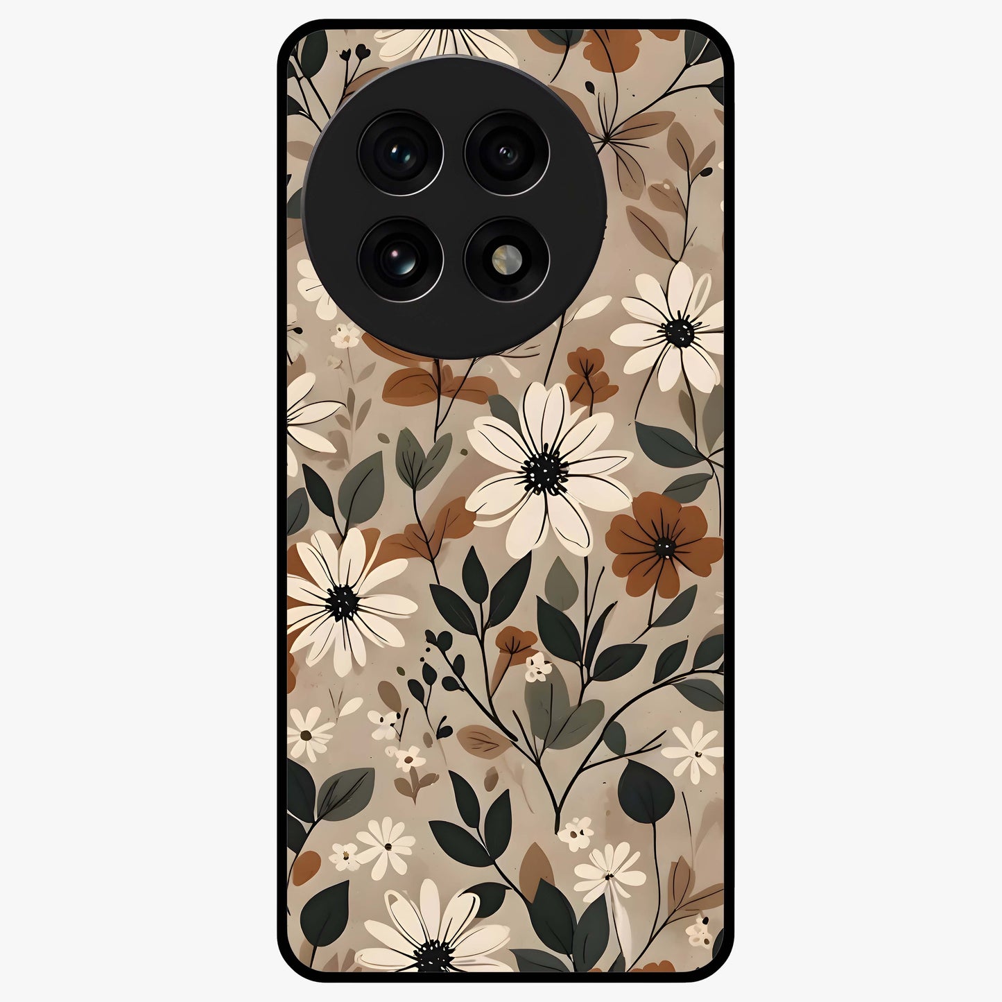 Vector Flowers Glass Case for 1+13R clean front view featuring sharp vector style floral artwork