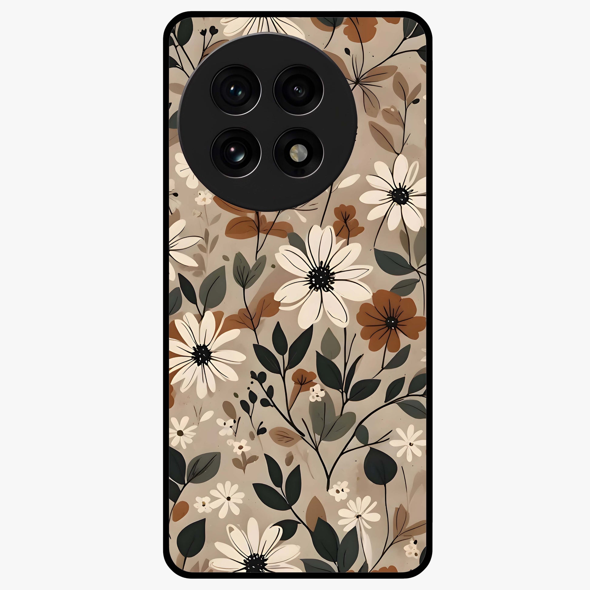 Vector Flowers Glass Case for 1+13R clean front view featuring sharp vector style floral artwork