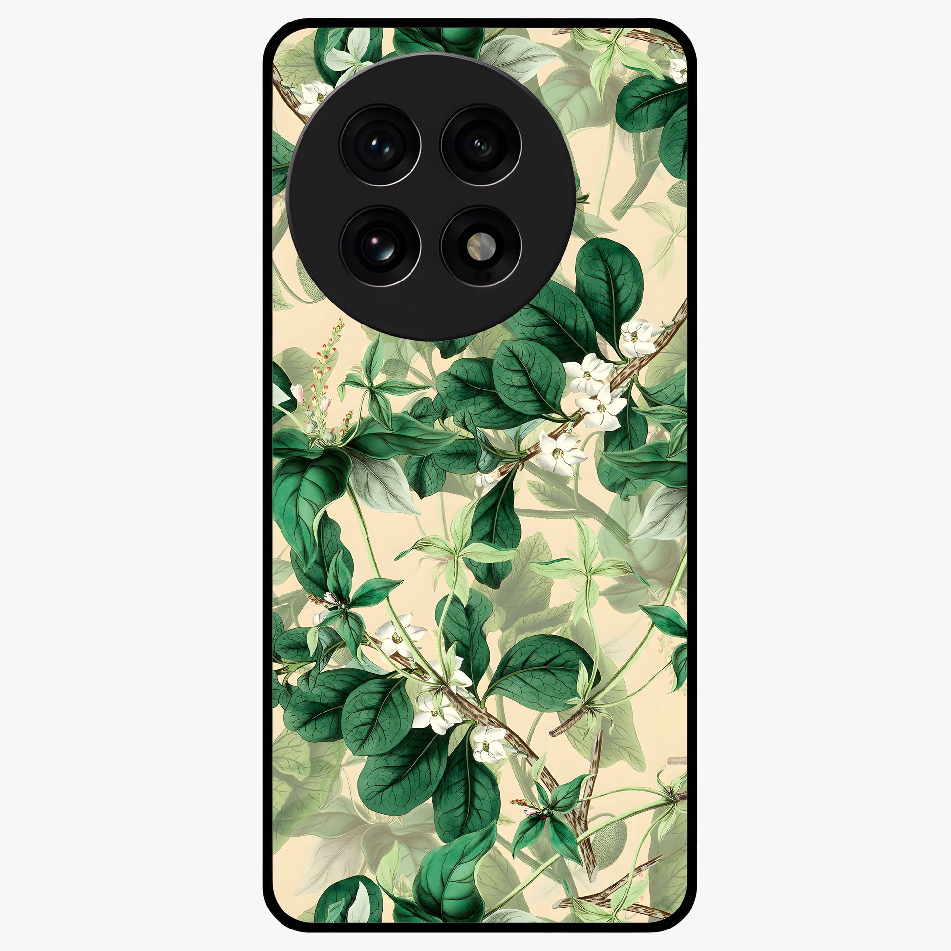 Verdant Garden Whispers Glass Case for 1+13R serene front view featuring lush green floral artwork