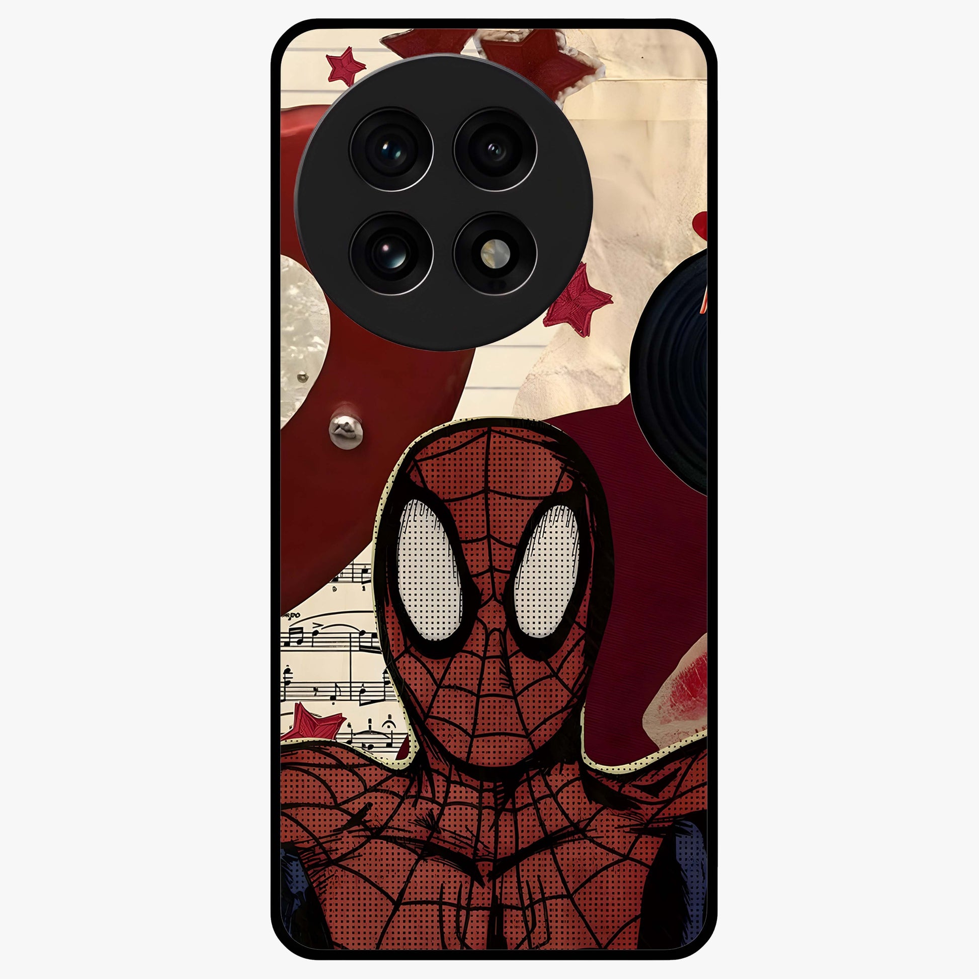 Web Warrior Vibes Glass Case for 1+13R dynamic front view featuring superhero inspired web themed artwork