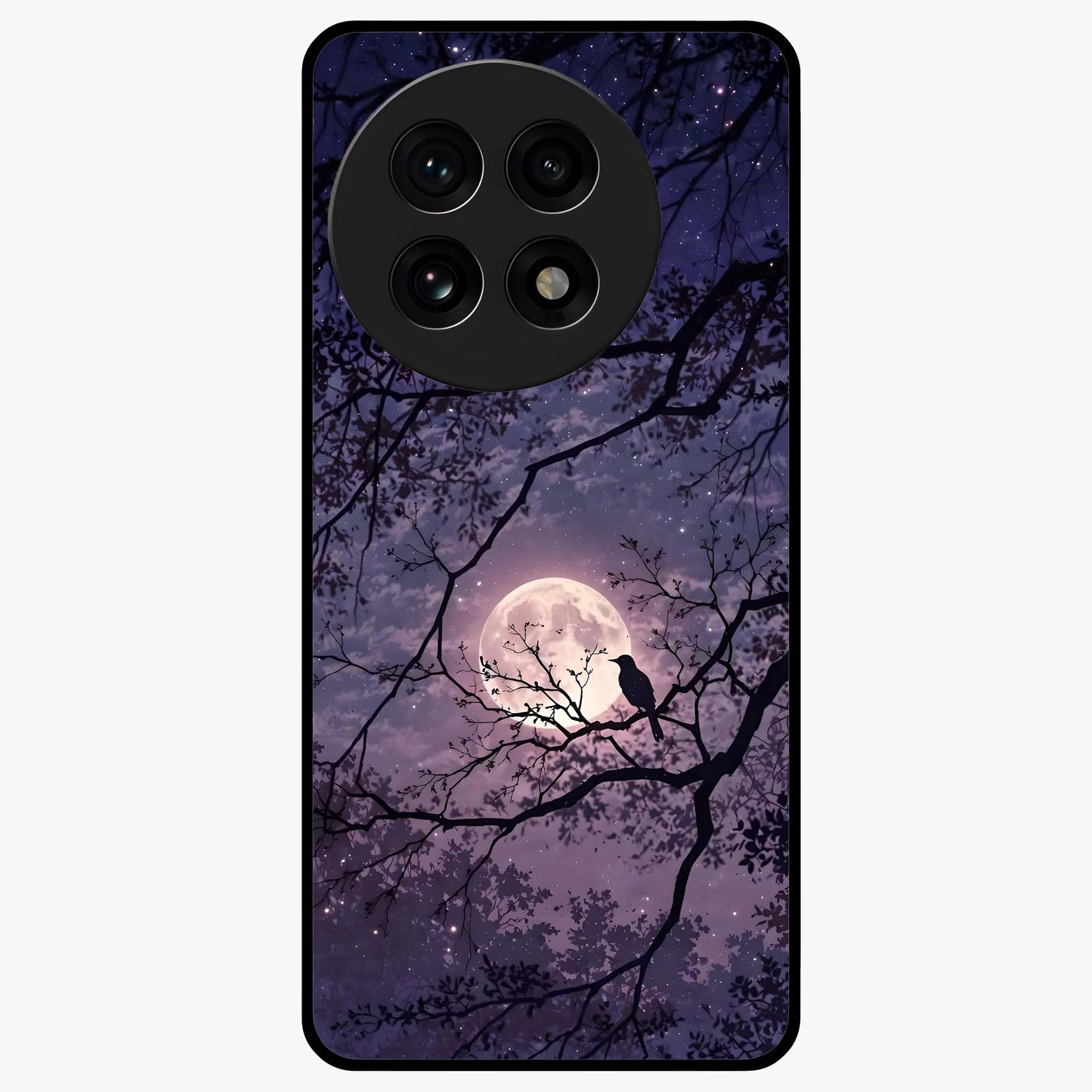 Whispering Moon Silence Glass Case for 1+13R serene front view featuring moon inspired artwork in calm night tones