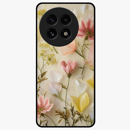 Whispering Petal Harmony Glass Case for 1+13R elegant front view featuring soft floral artwork in pastel tones