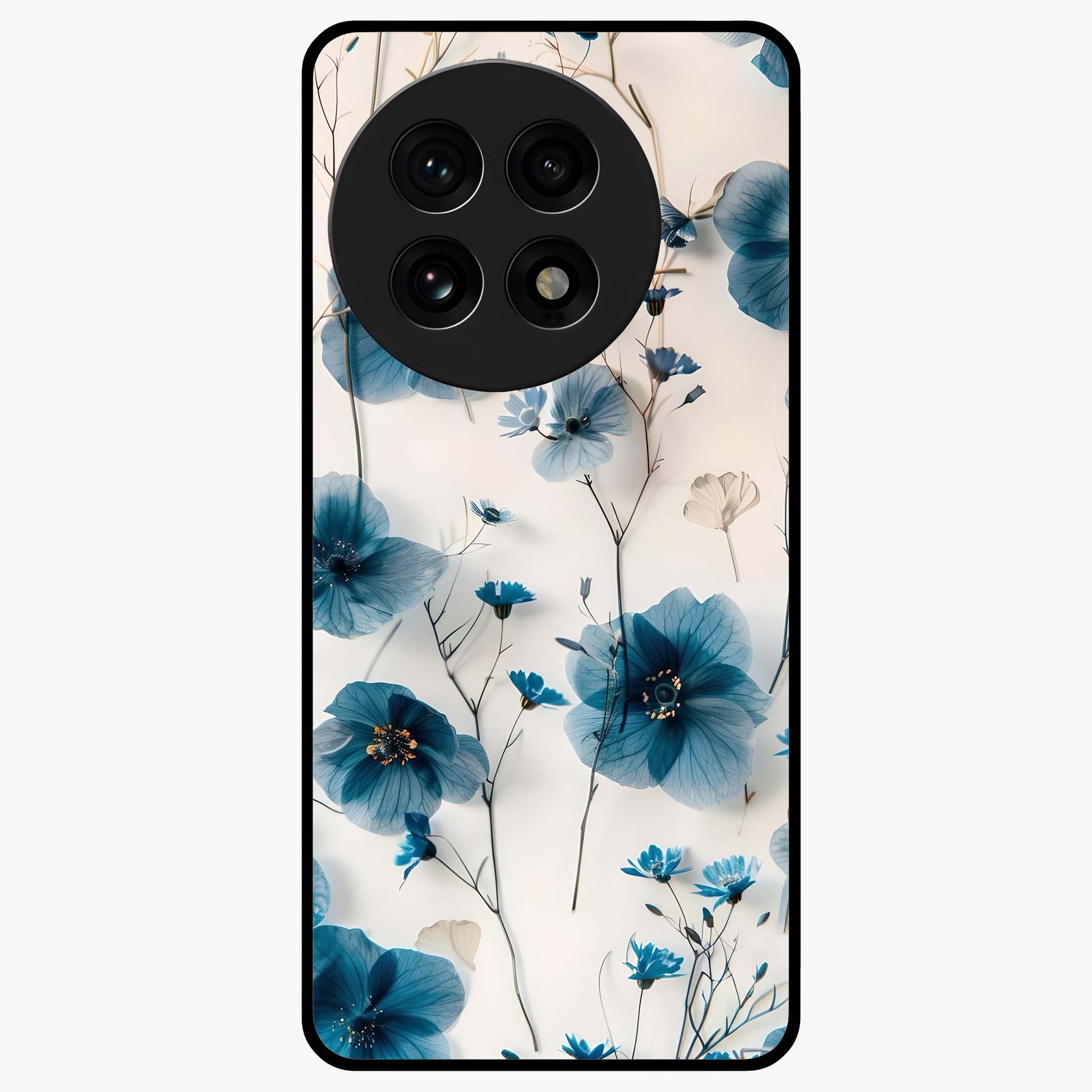 Whispers of Blue Bloom Glass Case for 1+13R vibrant front view featuring blue floral artwork with soft glow