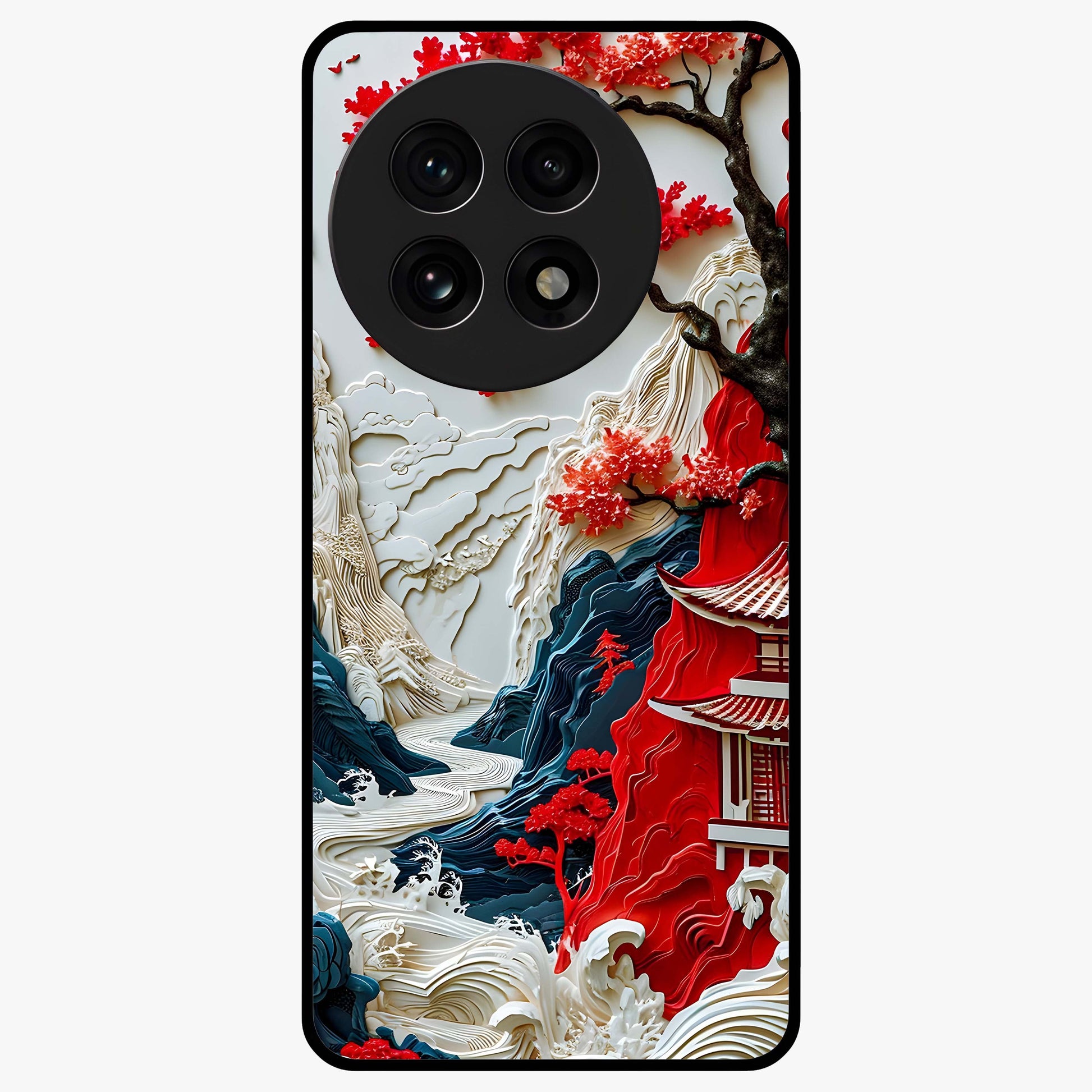 Whispers of Sakura Waves Glass Case for 1+13R artistic front view featuring cherry blossom artwork blended with flowing waves