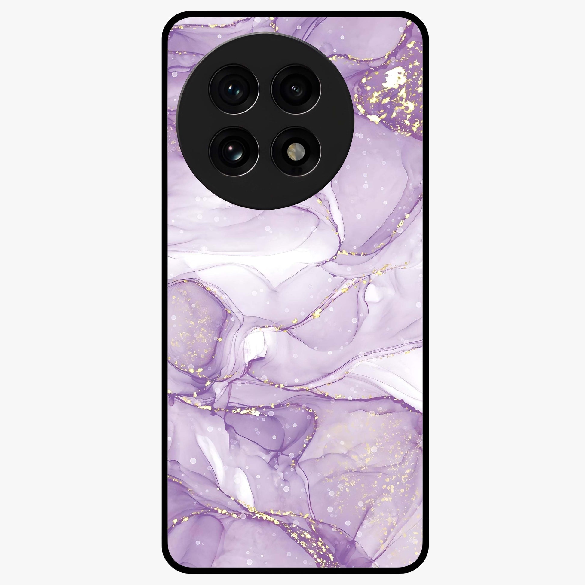 White and Purple Marble Glass Case for 1+13R elegant front view featuring marble texture artwork in white and violet tones