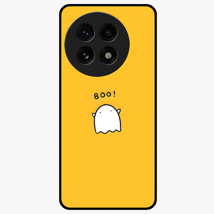 Yellow Boo Ghost Glass Case for 1+13R playful front view featuring cute ghost artwork in vibrant yellow tones