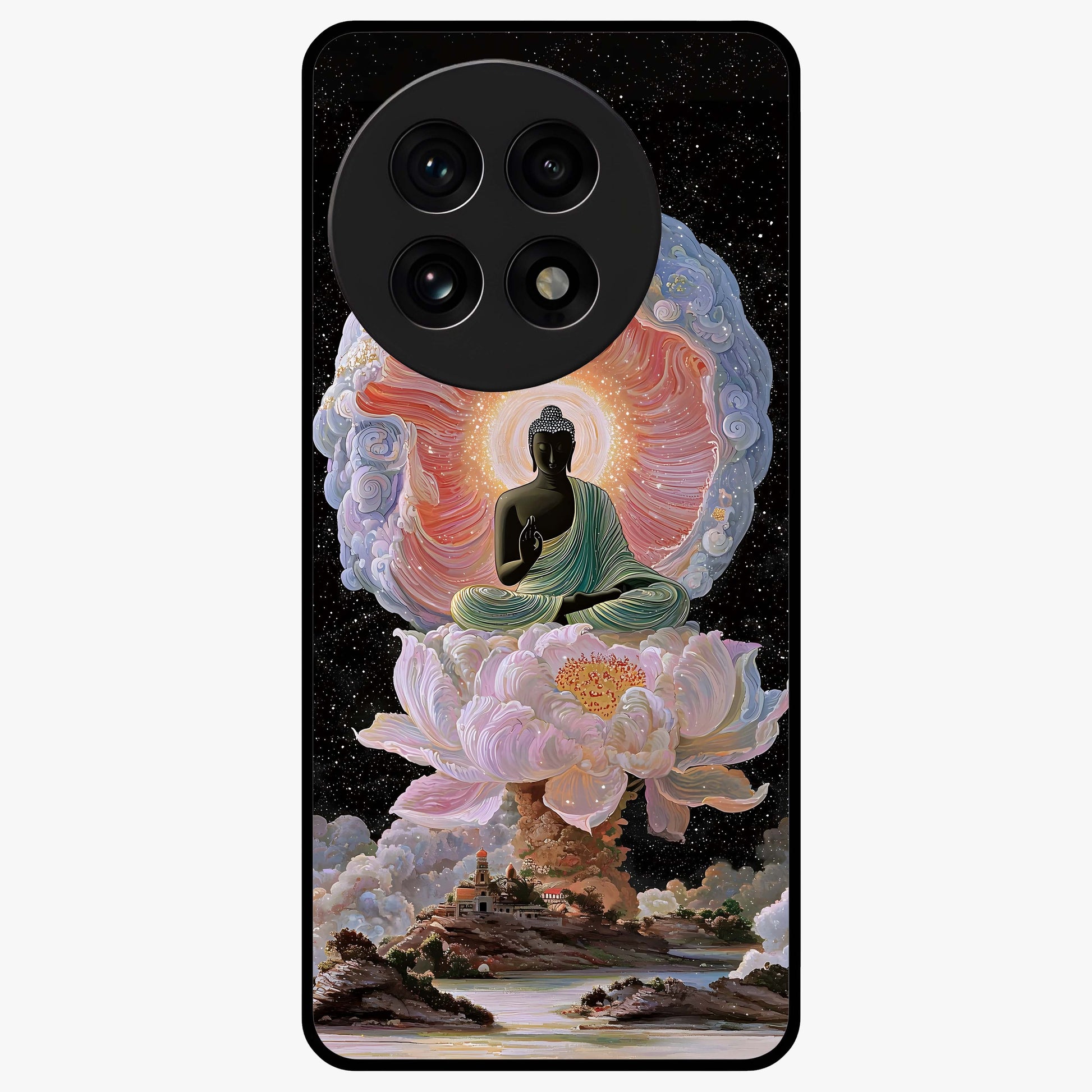 Zen Lotus Realm Glass Case for 1+13R peaceful front view featuring lotus artwork with calm spiritual tones