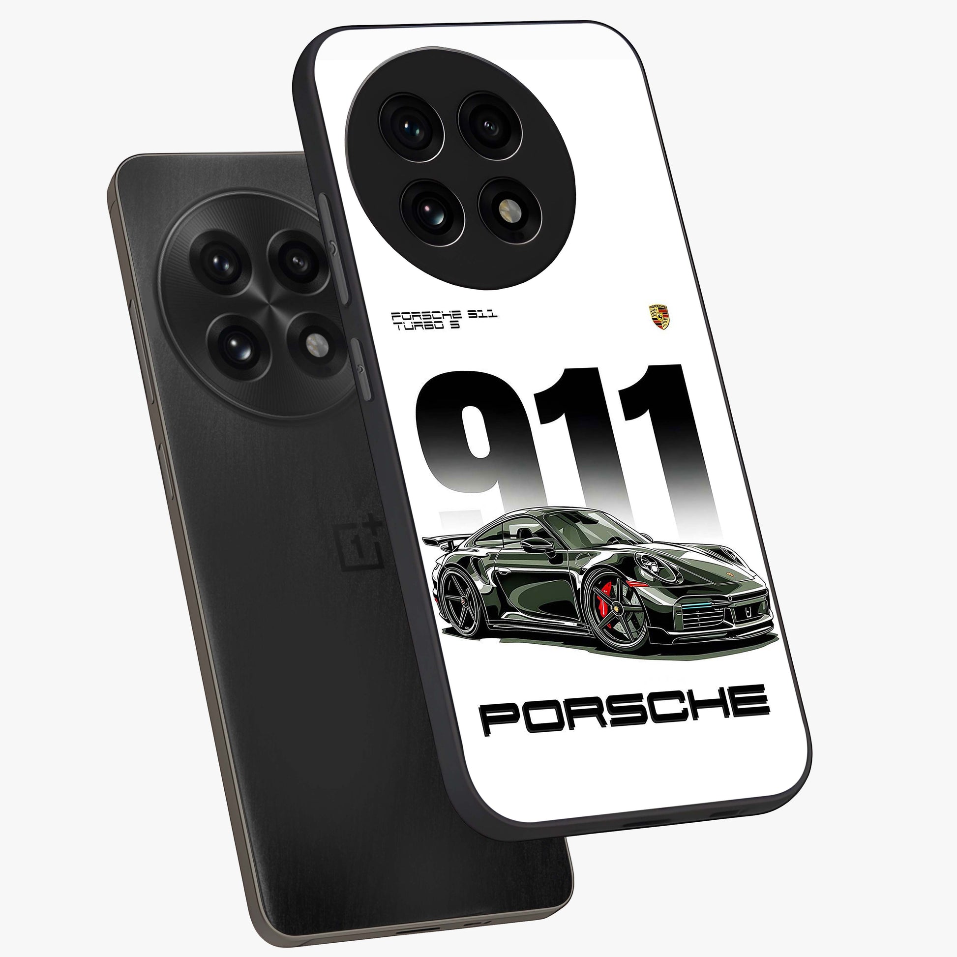 911 Turbo Dominance Glass Case for 1+13R premium angled mockup showcasing glossy glass finish and racing inspired design