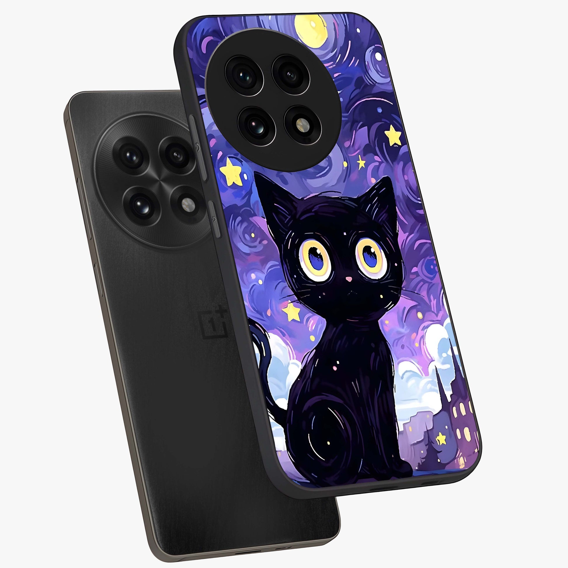 Abstract Cat Art Glass Case for 1+13R premium angled mockup showcasing glossy glass finish and creative feline design