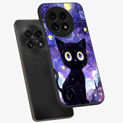 Abstract Cat Art Glass Case for 1+13R premium angled mockup showcasing glossy glass finish and creative feline design