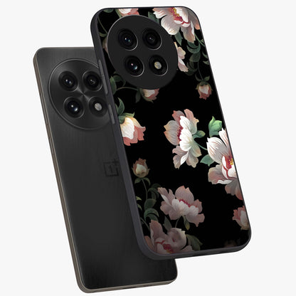 Abstract Embossed Blooming Bright Flower Glass Case for 1+13R angled mockup showcasing glossy surface and detailed bloom design