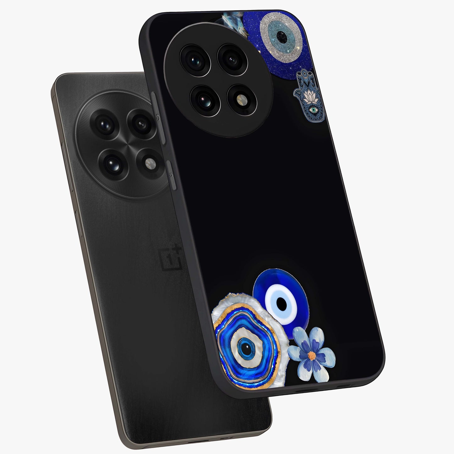 Aesthetic Blue Evil Eye Glass Case for 1+13R angled mockup showcasing glossy finish and protective symbol design