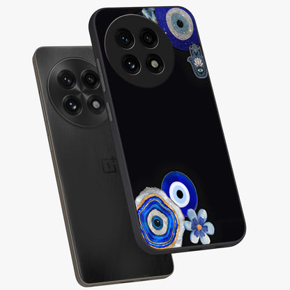 Aesthetic Blue Evil Eye Glass Case for 1+13R angled mockup showcasing glossy finish and protective symbol design