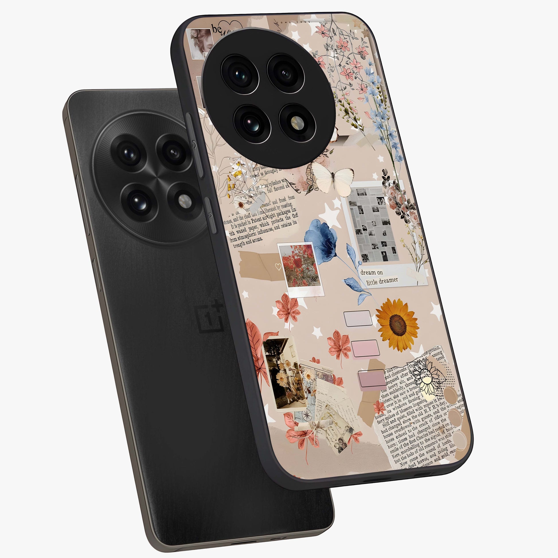 Aesthetic Butterfly Glass Case for 1+13R angled mockup showcasing glossy glass finish and delicate wing details