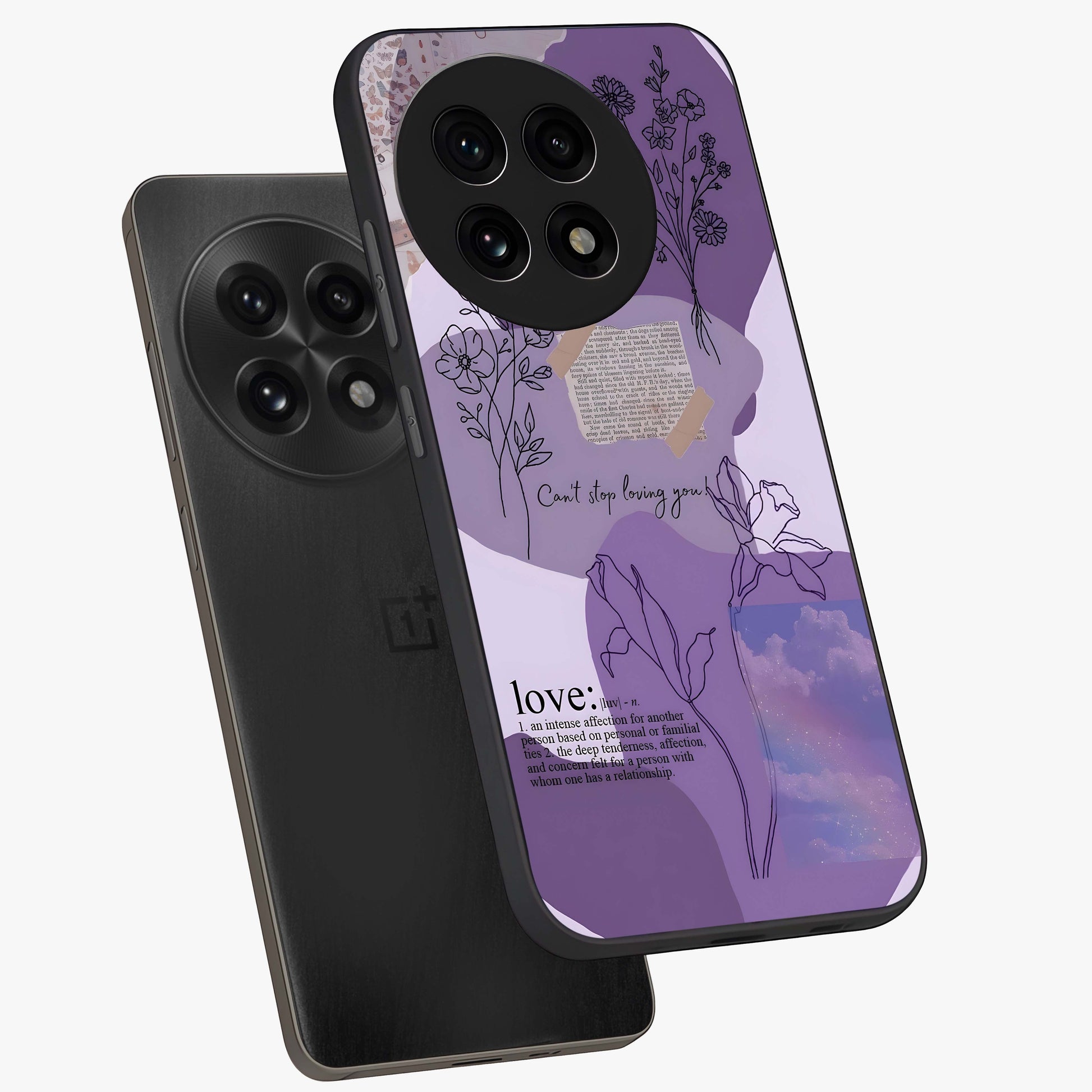 Aesthetic Love With Flower Glass Case for 1+13R angled mockup showcasing glossy finish and soft floral design