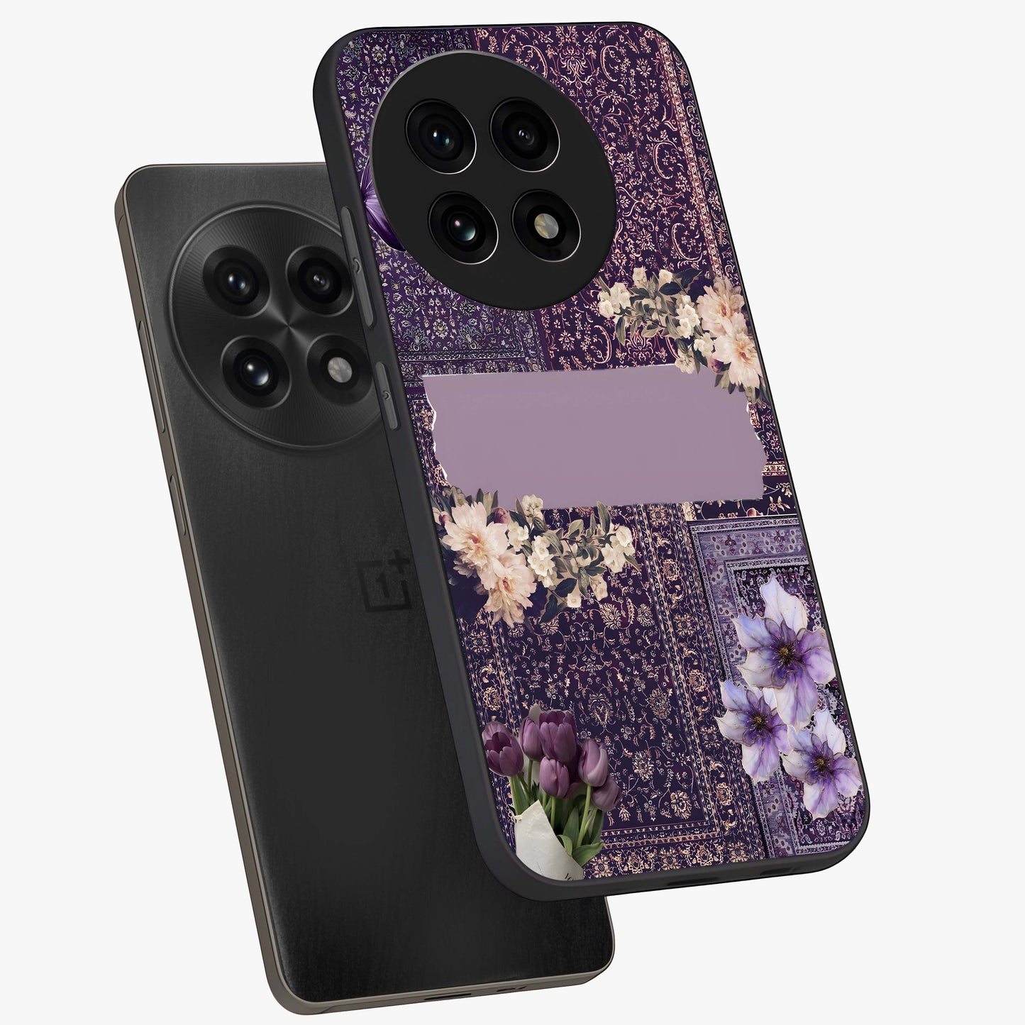 Antique Floral Whisper Glass Case for 1+13R angled mockup showcasing glossy finish and classic botanical design