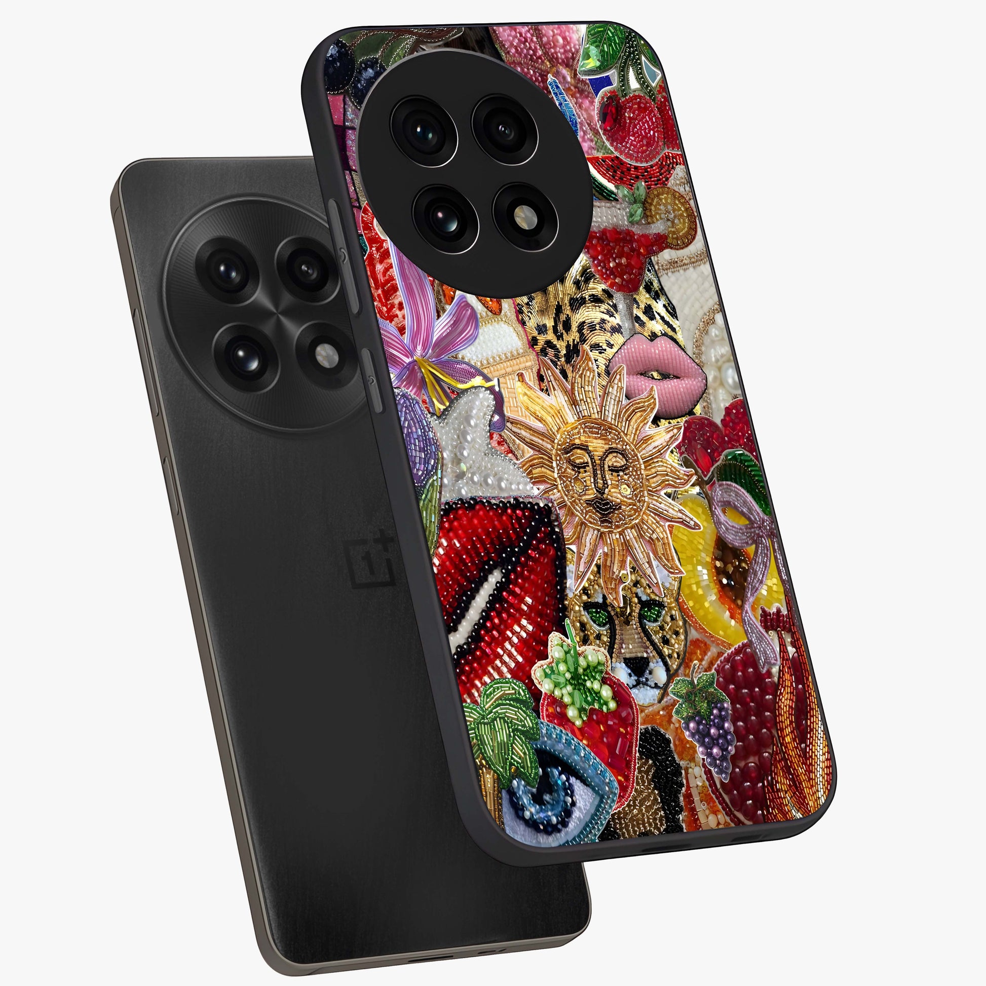 Beaded Fashion Jungle Glass Case for 1+13R angled mockup showcasing glossy finish and vibrant tropical design