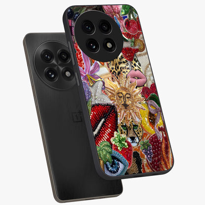 Beaded Fashion Jungle Glass Case for 1+13R angled mockup showcasing glossy finish and vibrant tropical design