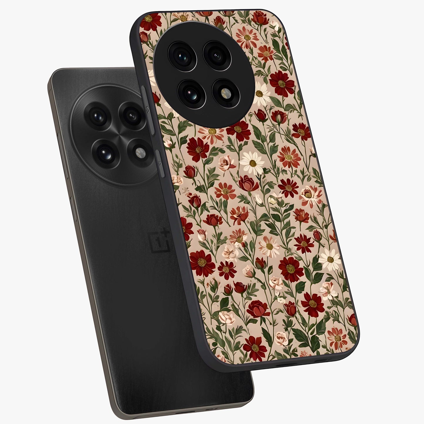 Biege Flower With Leaf Glass Case for 1+13R angled mockup showcasing glossy finish and minimal botanical design