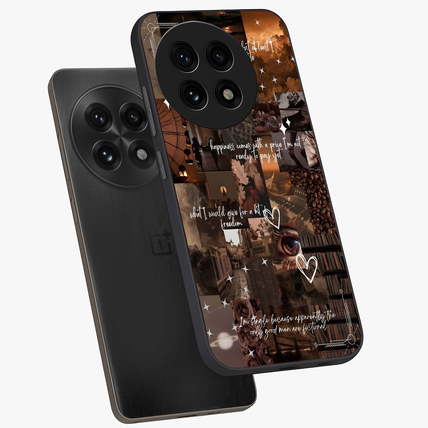 Bittersweet Aesthetic Chaos Glass Case for 1+13R angled mockup showcasing glossy finish and artistic chaotic design