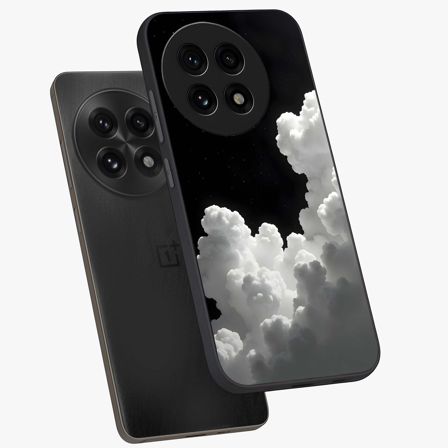 Black Background With White Cloud Glass Case for 1+13R angled mockup showcasing glossy finish and high contrast design