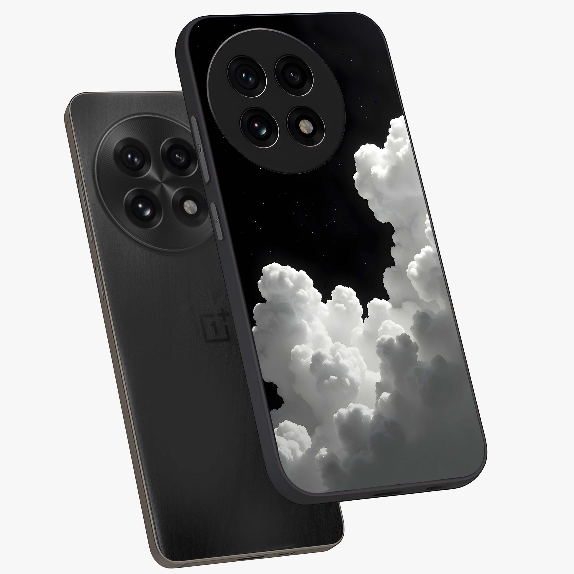 Black Background With White Cloud Glass Case for 1+13R angled mockup showcasing glossy finish and high contrast design