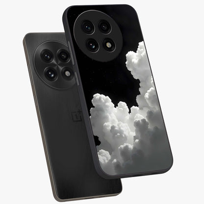 Black Background With White Cloud Glass Case for 1+13R angled mockup showcasing glossy finish and high contrast design