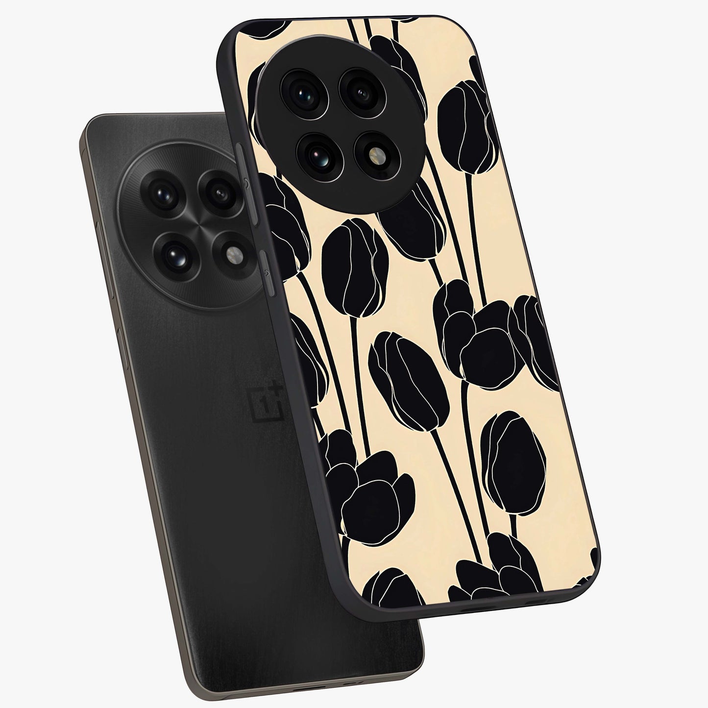Black Designer Tulip Glass Case for 1+13R angled mockup showcasing glossy finish and premium floral detailing