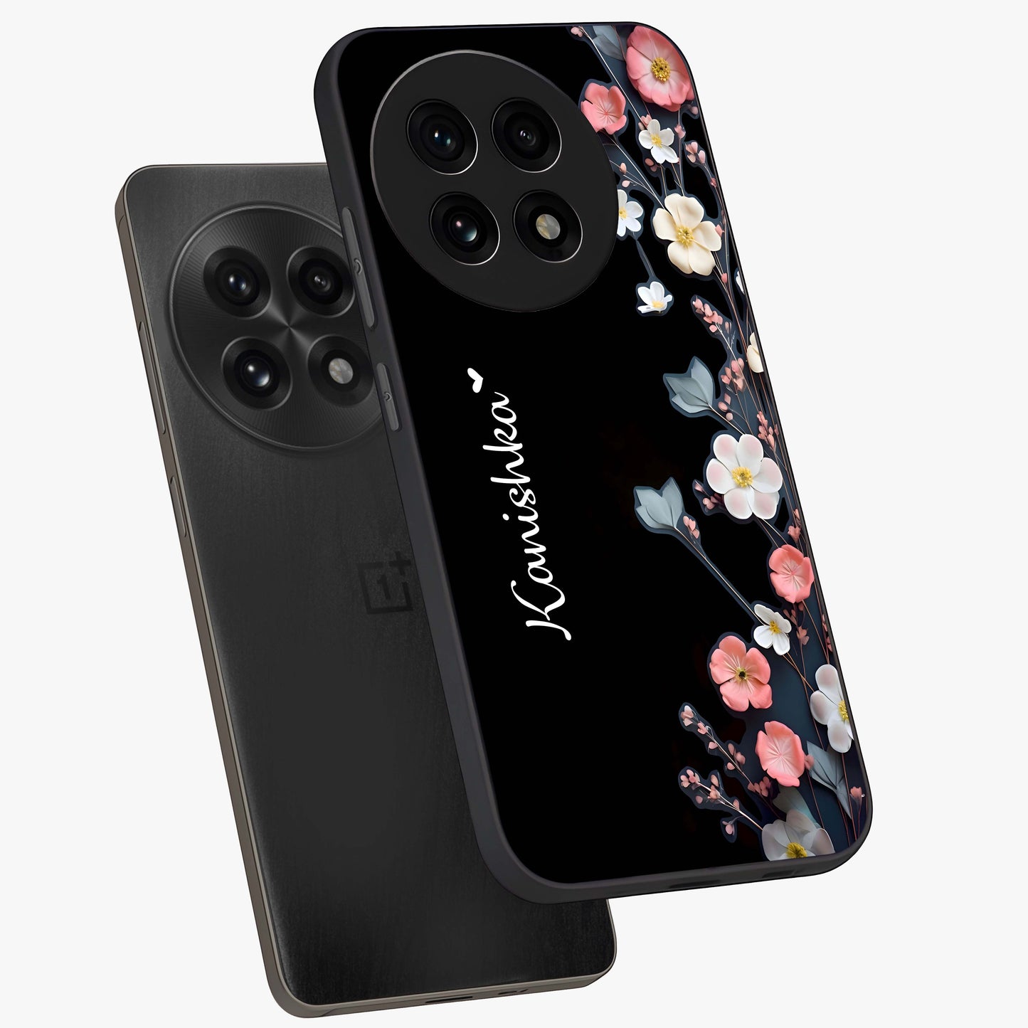 Black Elegance Floral Custom Name Glass Case for 1+13R angled mockup showcasing glossy finish and sophisticated black theme