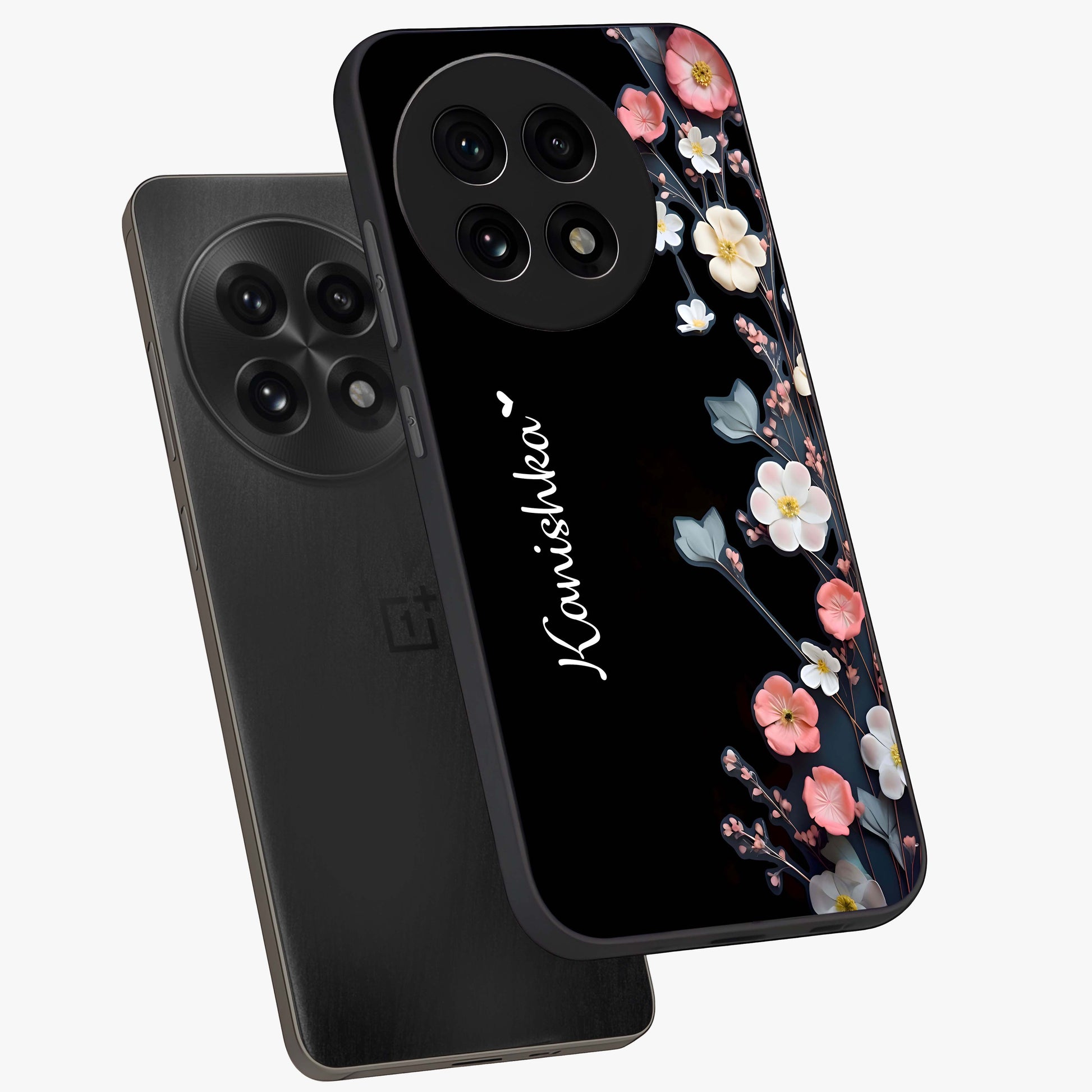 Black Elegance Floral Custom Name Glass Case for 1+13R angled mockup showcasing glossy finish and sophisticated black theme