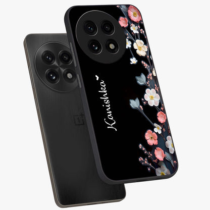 Black Elegance Floral Custom Name Glass Case for 1+13R angled mockup showcasing glossy finish and sophisticated black theme
