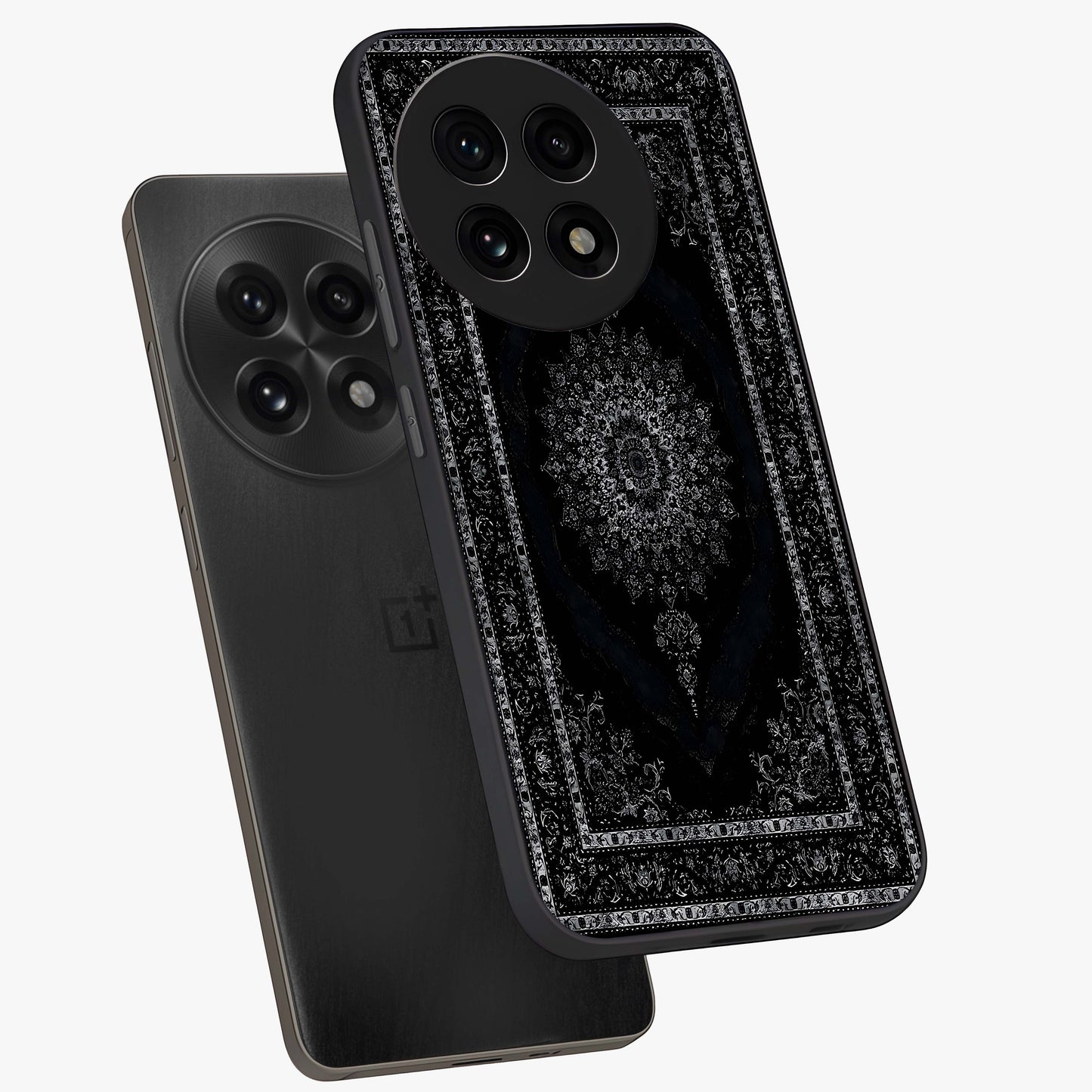 Black Persian Carpet Glass Case for 1+13R angled mockup showcasing glossy finish and detailed ornamental design