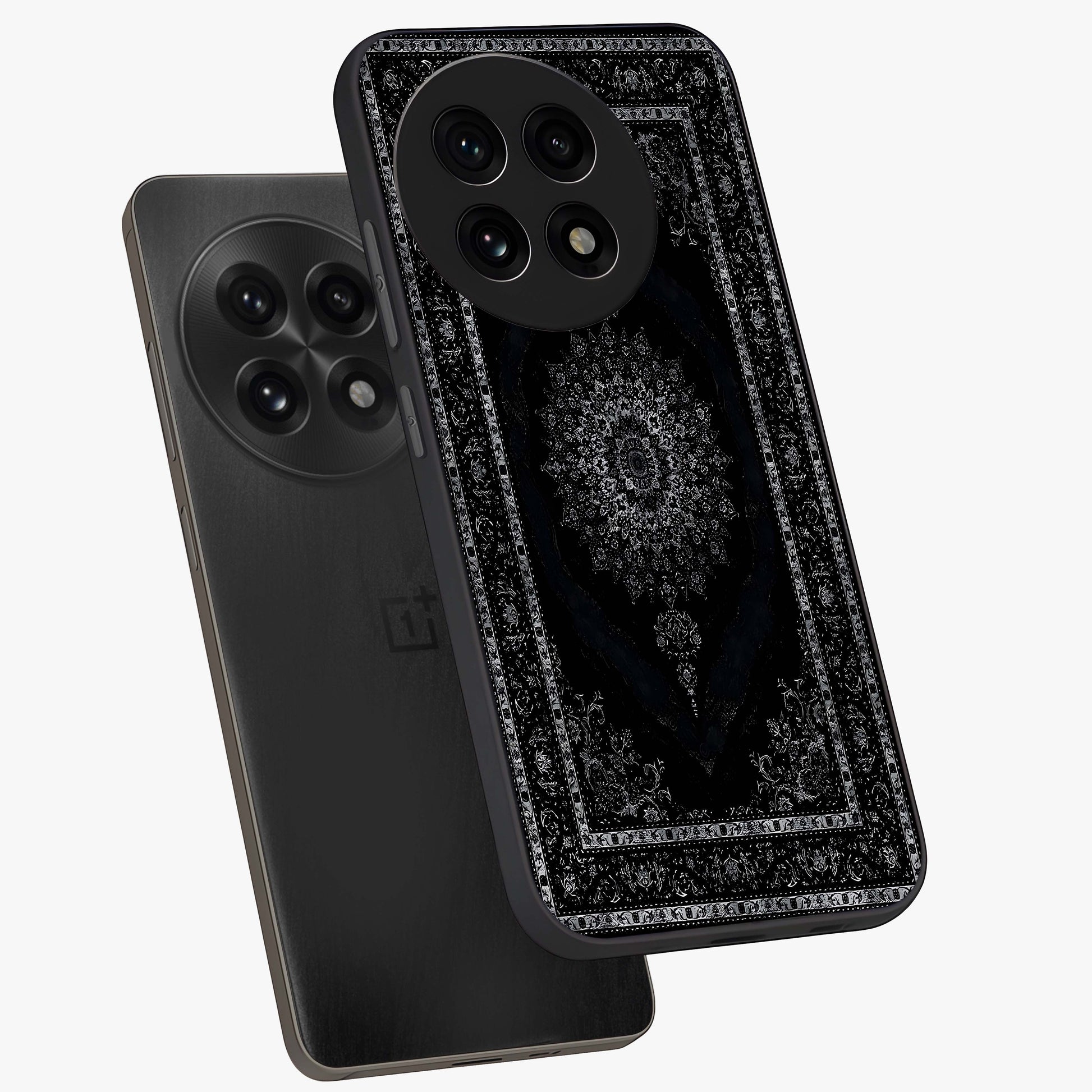 Black Persian Carpet Glass Case for 1+13R angled mockup showcasing glossy finish and detailed ornamental design