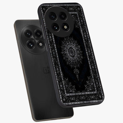 Black Persian Carpet Glass Case for 1+13R angled mockup showcasing glossy finish and detailed ornamental design