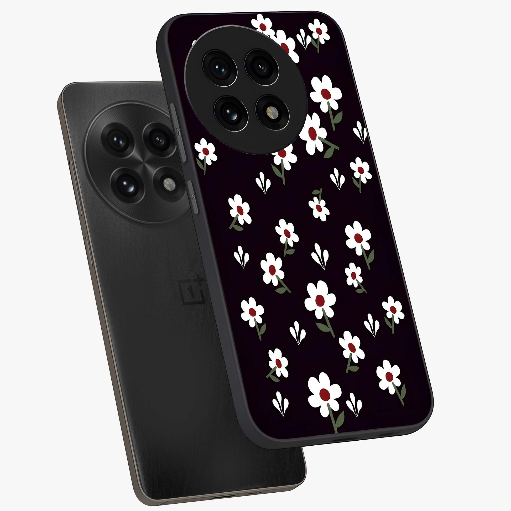 Black Prints Daisy Flower Pattern Glass Case for 1+13R angled mockup showcasing glossy finish and bold floral contrast