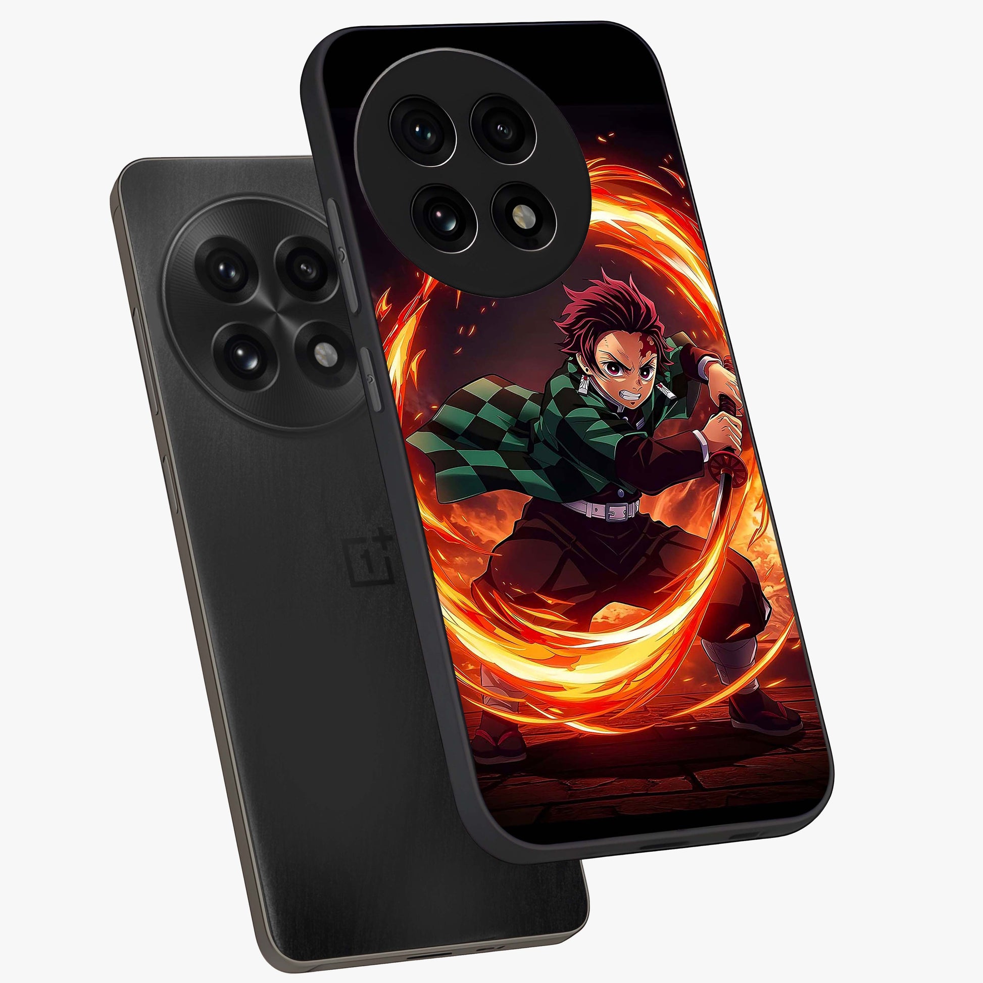 Blazing Sword Resolve Glass Case for 1+13R captured at a warm angle highlighting sharp fiery details, gloss, and edge clarity.