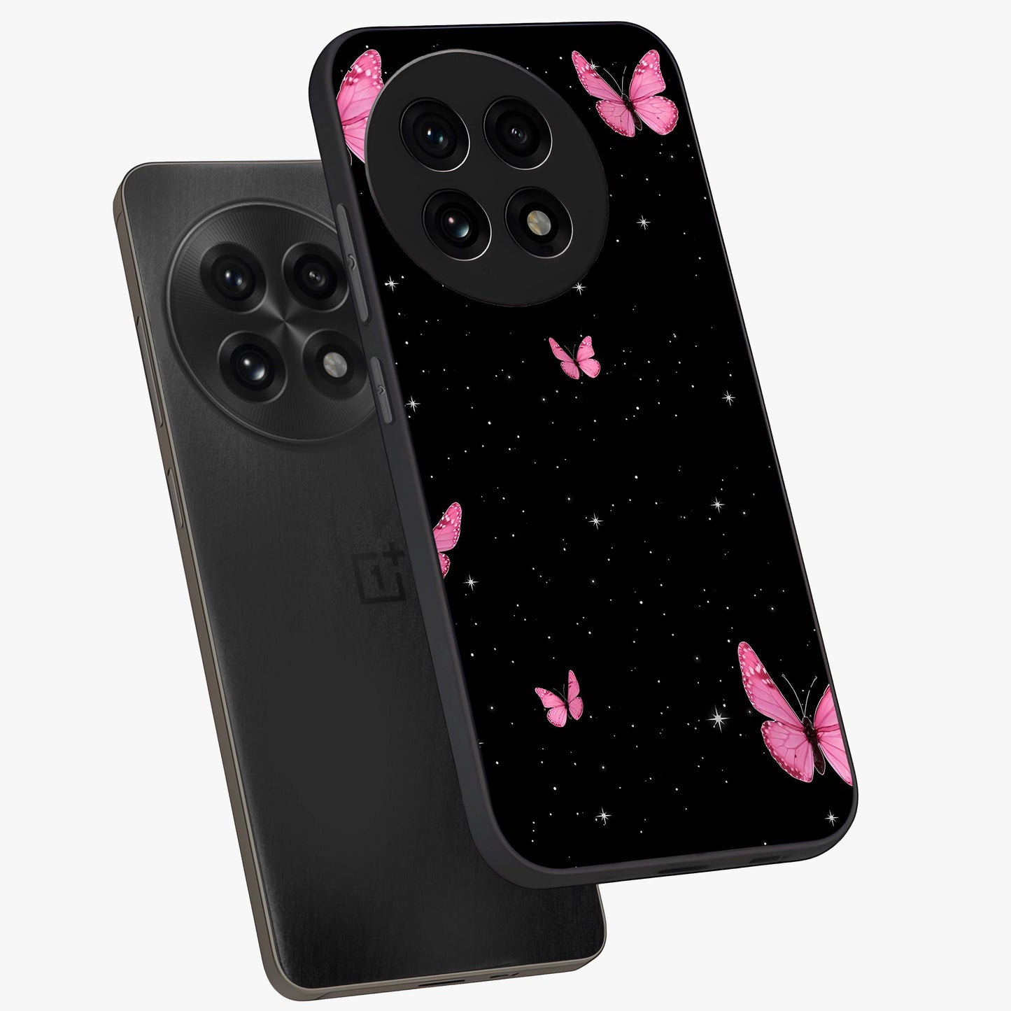 Blinking Butterfly Glass Case for 1+13R captured at a warm angle highlighting soft wing details, gloss, and edge clarity.