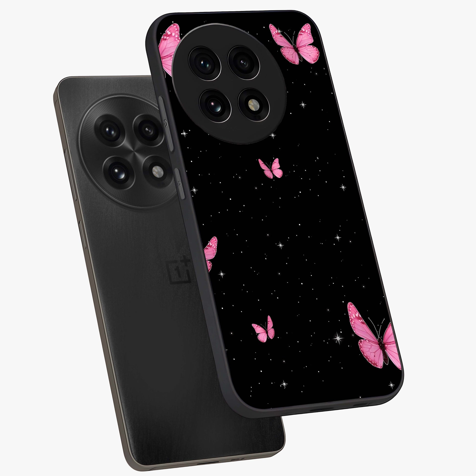 Blinking Butterfly Glass Case for 1+13R captured at a warm angle highlighting soft wing details, gloss, and edge clarity.