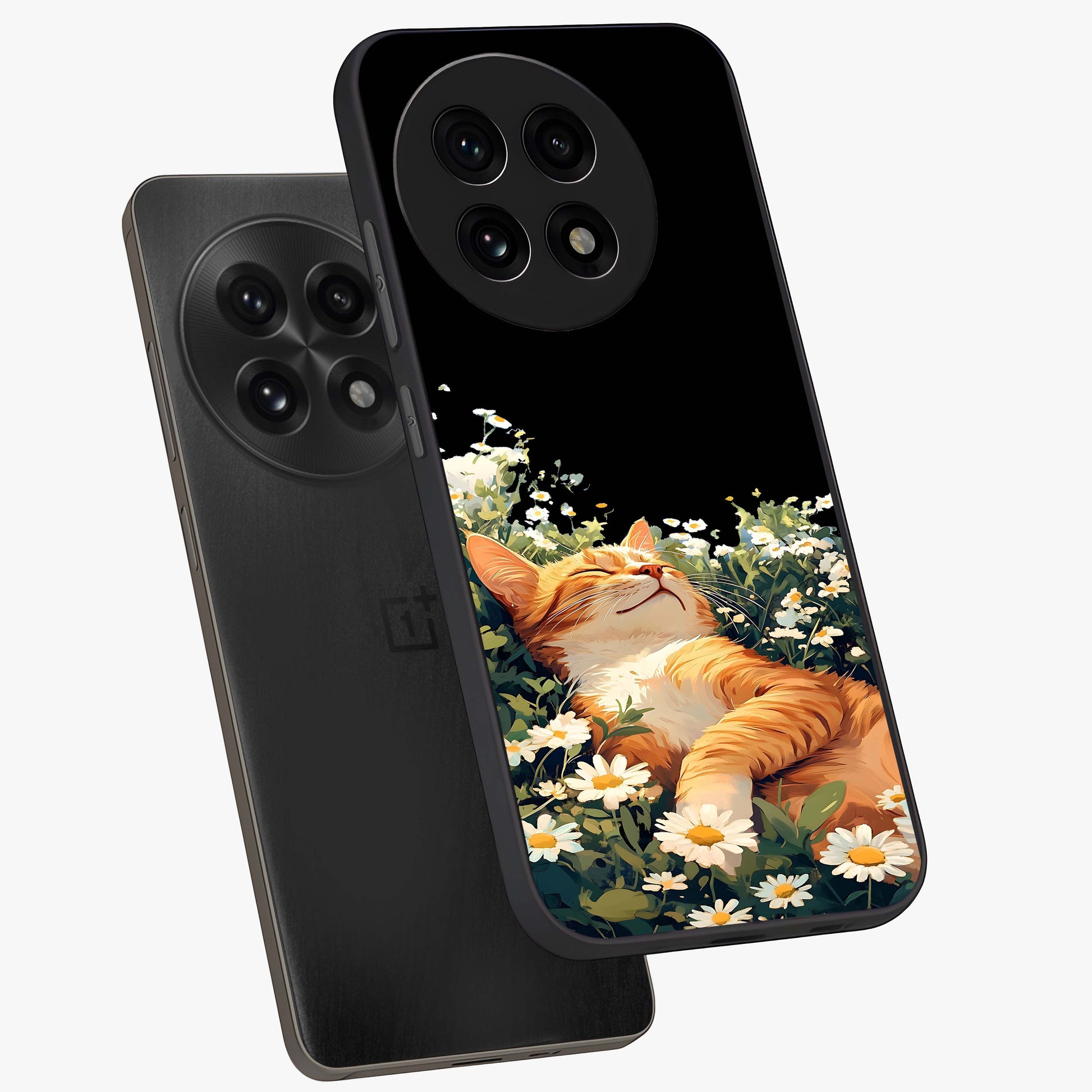 Blissful Bloom Cat Glass Case for 1+13R angled mockup showcasing glossy glass finish and vibrant bloom detailing