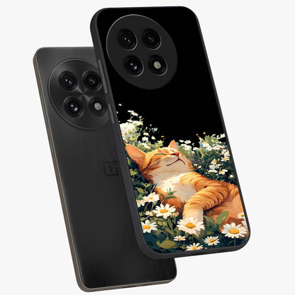 Blissful Bloom Cat Glass Case for 1+13R angled mockup showcasing glossy glass finish and vibrant bloom detailing