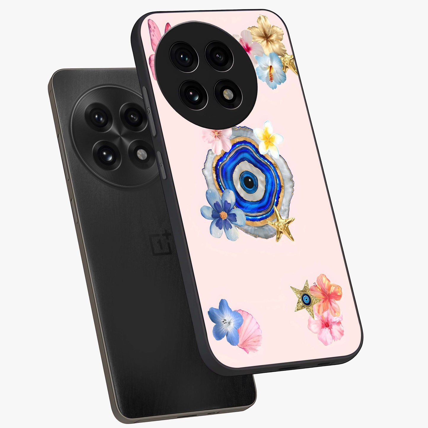 Blossom Evil Charm Glass Case for 1+13R angled mockup showcasing glossy finish and protective charm design